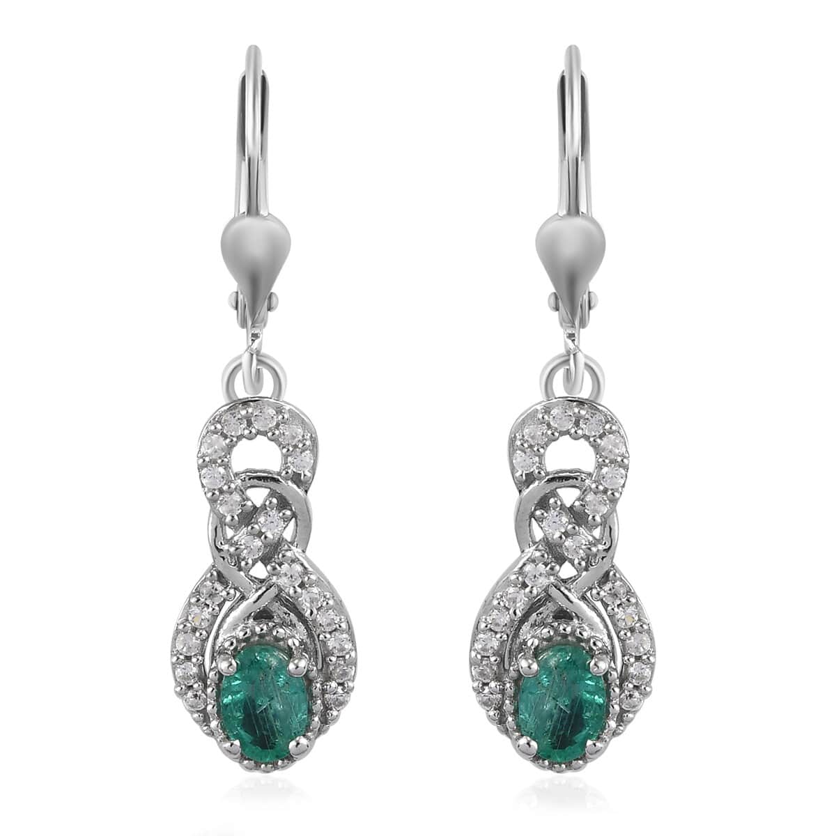 Kagem Zambian Emerald and Natural White Zircon Lever Back Earrings in Platinum Over Sterling Silver 1.30 ctw image number 0