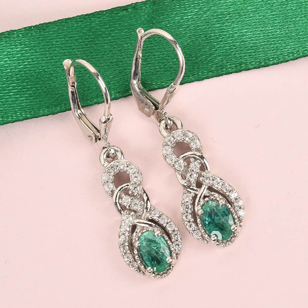 Kagem Zambian Emerald and Natural White Zircon Lever Back Earrings in Platinum Over Sterling Silver 1.30 ctw image number 1