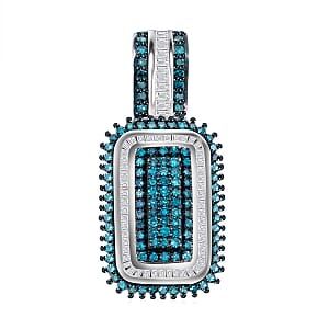 Blue Diamond and Diamond Pendant without Chain in Platinum Over Sterling Silver 0.90 ctw