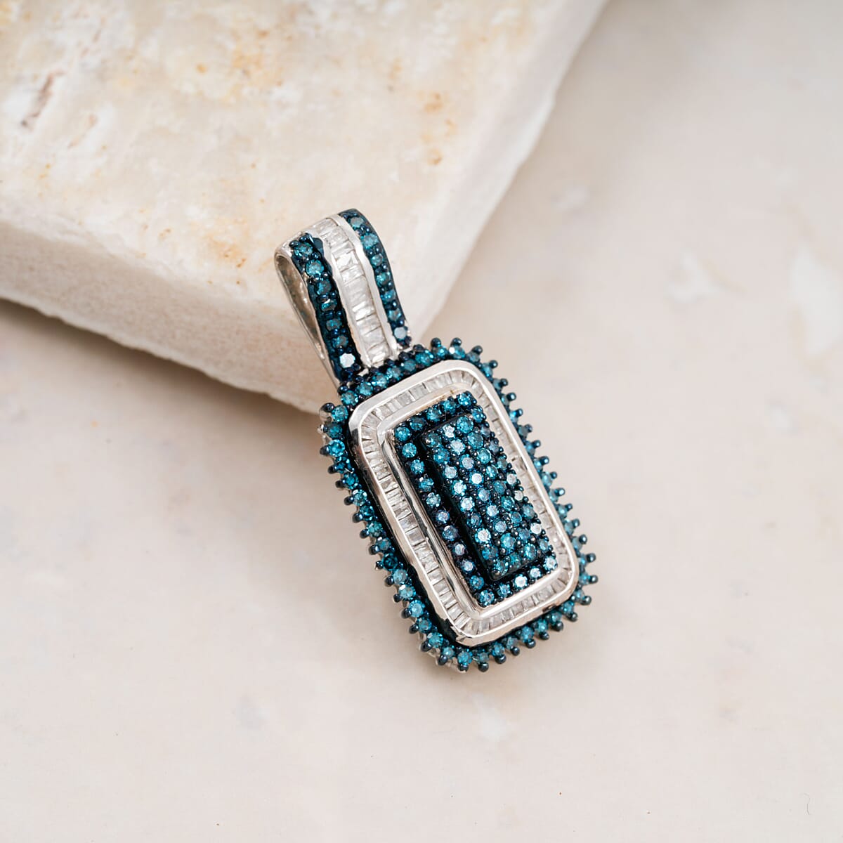 Blue Diamond and Diamond Pendant without Chain in Platinum Over Sterling Silver 0.90 ctw image number 1