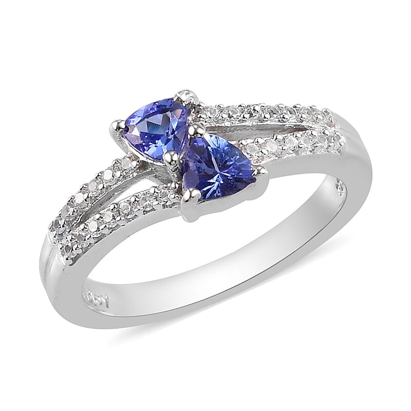 Tanzanite and Natural White Zircon Ring in Platinum Over Sterling Silver (Size 5.0) 0.75 ctw