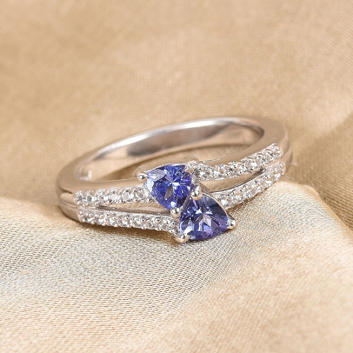 Tanzanite and Natural White Zircon Ring in Platinum Over Sterling Silver (Size 5.0) 0.75 ctw