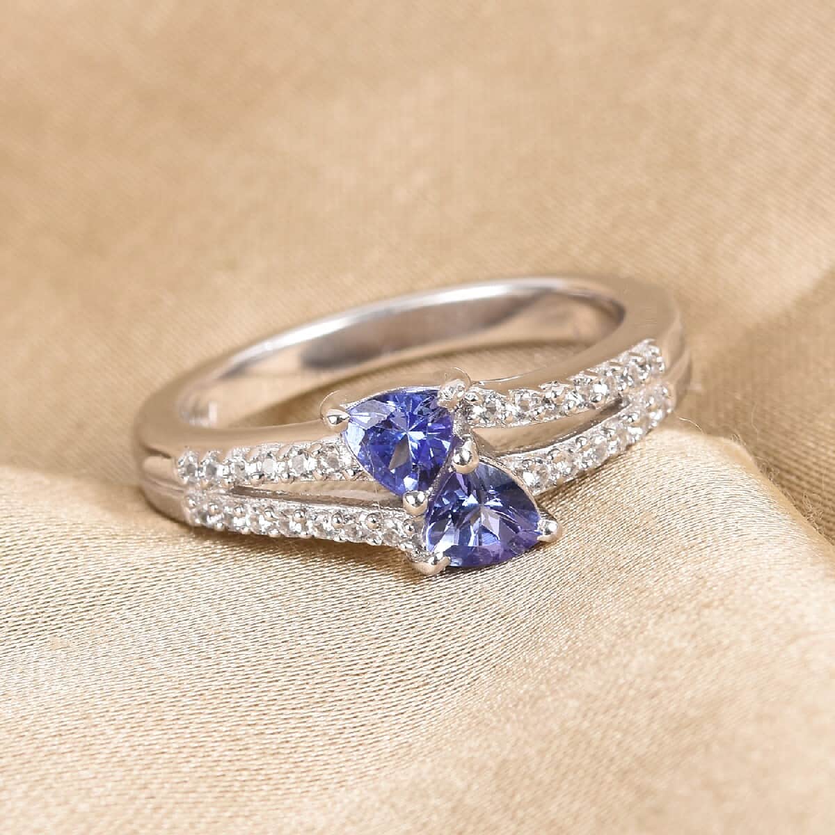 Tanzanite, Natural White Zircon Ring in Platinum Over Sterling Silver (Size 5.0) 0.75 ctw image number 1