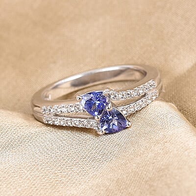 Tanzanite and Natural White Zircon Ring in Platinum Over Sterling Silver (Size 5.0) 0.75 ctw