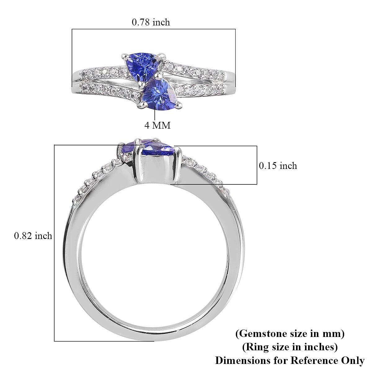 Tanzanite and Natural White Zircon Ring in Platinum Over Sterling Silver (Size 5.0) 0.75 ctw