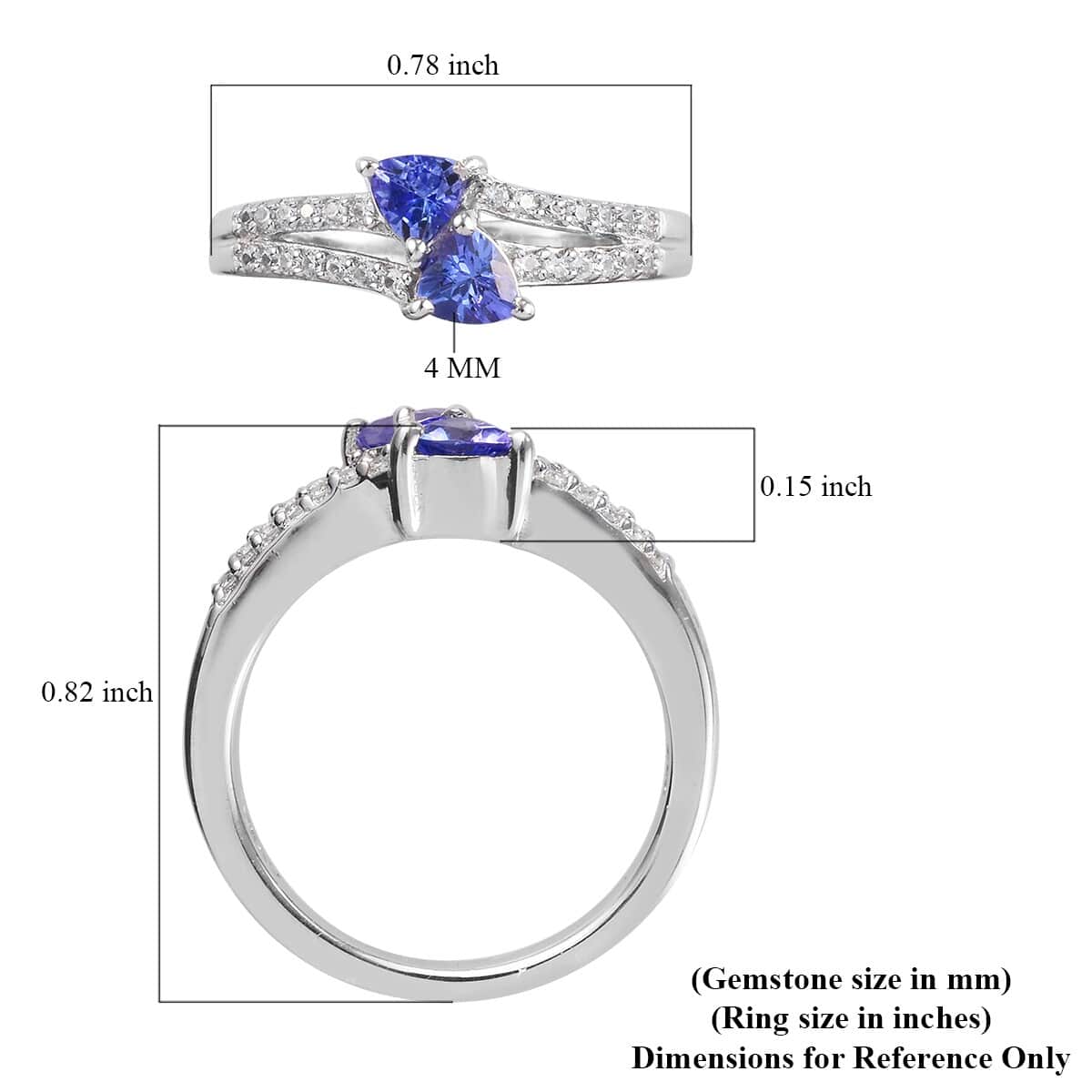 Tanzanite, Natural White Zircon Ring in Platinum Over Sterling Silver (Size 5.0) 0.75 ctw image number 5