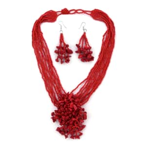 Red Glass Bead & Gemstone Chips Necklace and Earrings in Stainless Steel