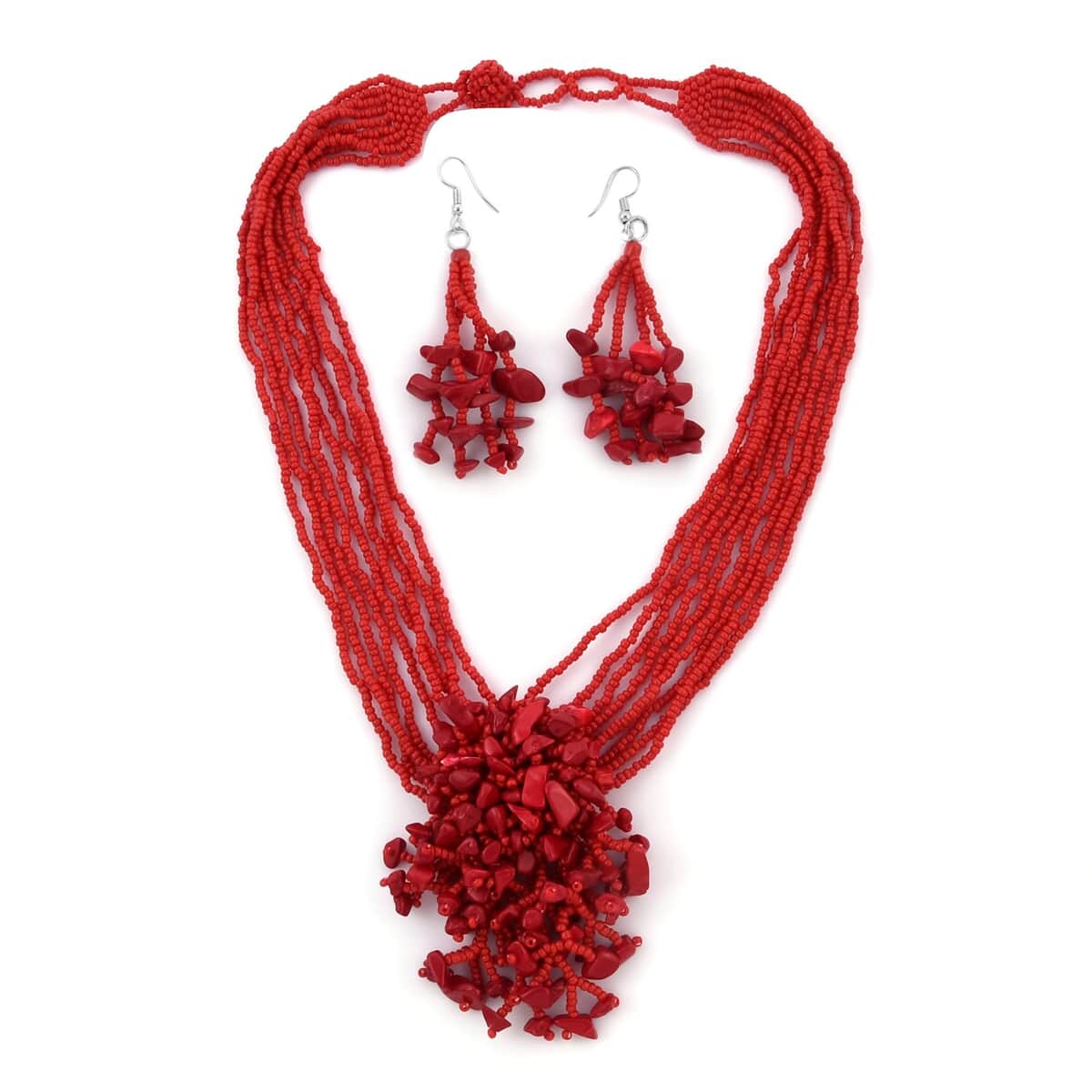 Red Glass Bead & Gemstone Chips Necklace and Earrings in Stainless Steel image number 0