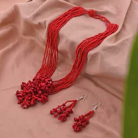 Red Glass Bead & Gemstone Chips Necklace and Earrings in Stainless Steel image number 1