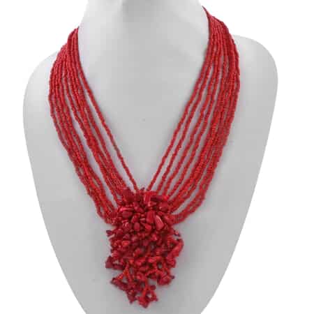 Red Glass Bead & Gemstone Chips Necklace and Earrings in Stainless Steel image number 2