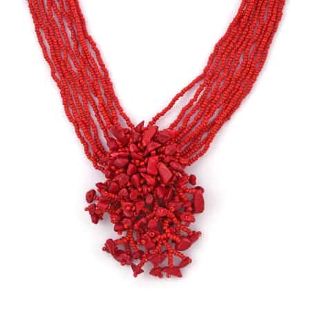 Red Glass Bead & Gemstone Chips Necklace and Earrings in Stainless Steel image number 3
