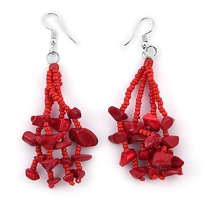 Red Glass Bead & Gemstone Chips Necklace and Earrings in Stainless Steel