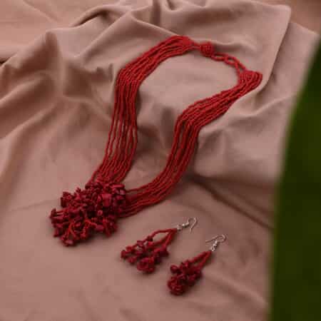 Red Glass Bead & Gemstone Chips Necklace and Earrings in Stainless Steel image number 6