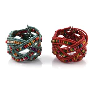 Multi Color Glass Bead & Wooden Beaded Set of 2 Cuff Bracelets