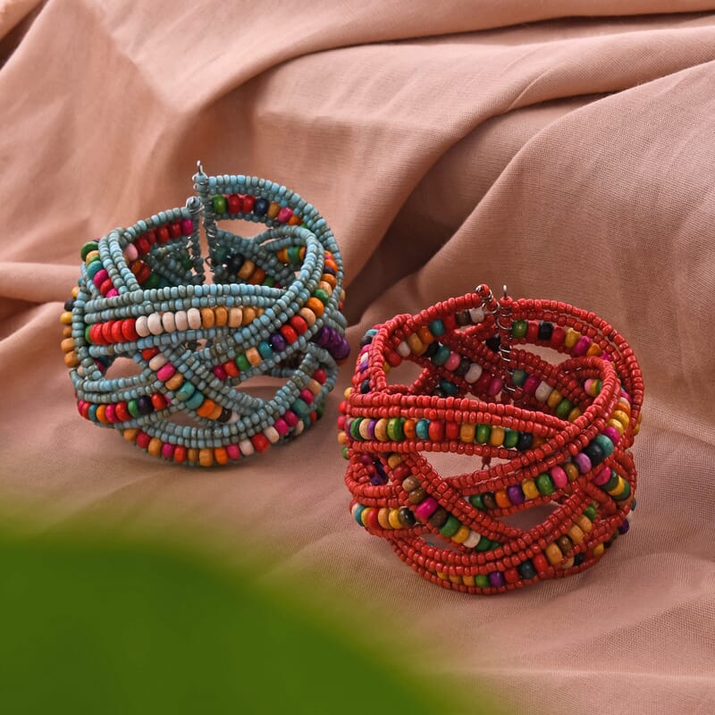 Multi Color Glass Bead & Wooden Beaded Set of 2 Cuff Bracelets
