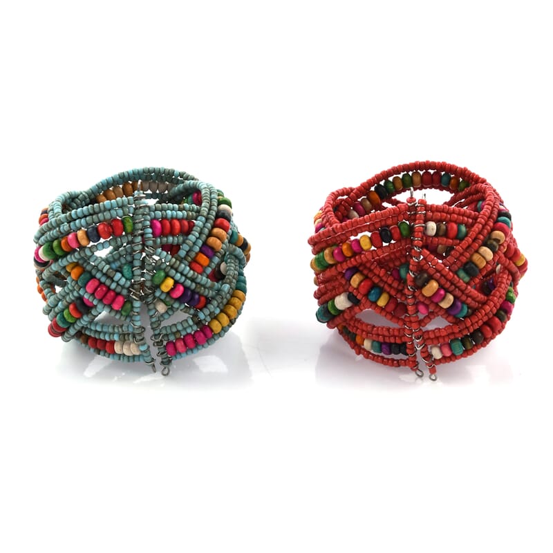 Multi Color Glass Bead & Wooden Beaded Set of 2 Cuff Bracelets