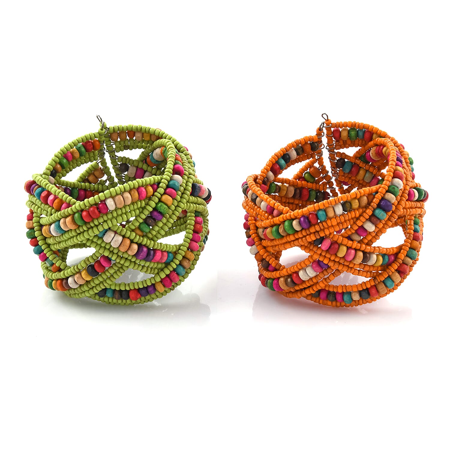 Multi Color Glass Bead & Wooden Beaded Set of 2 Cuff Bracelets