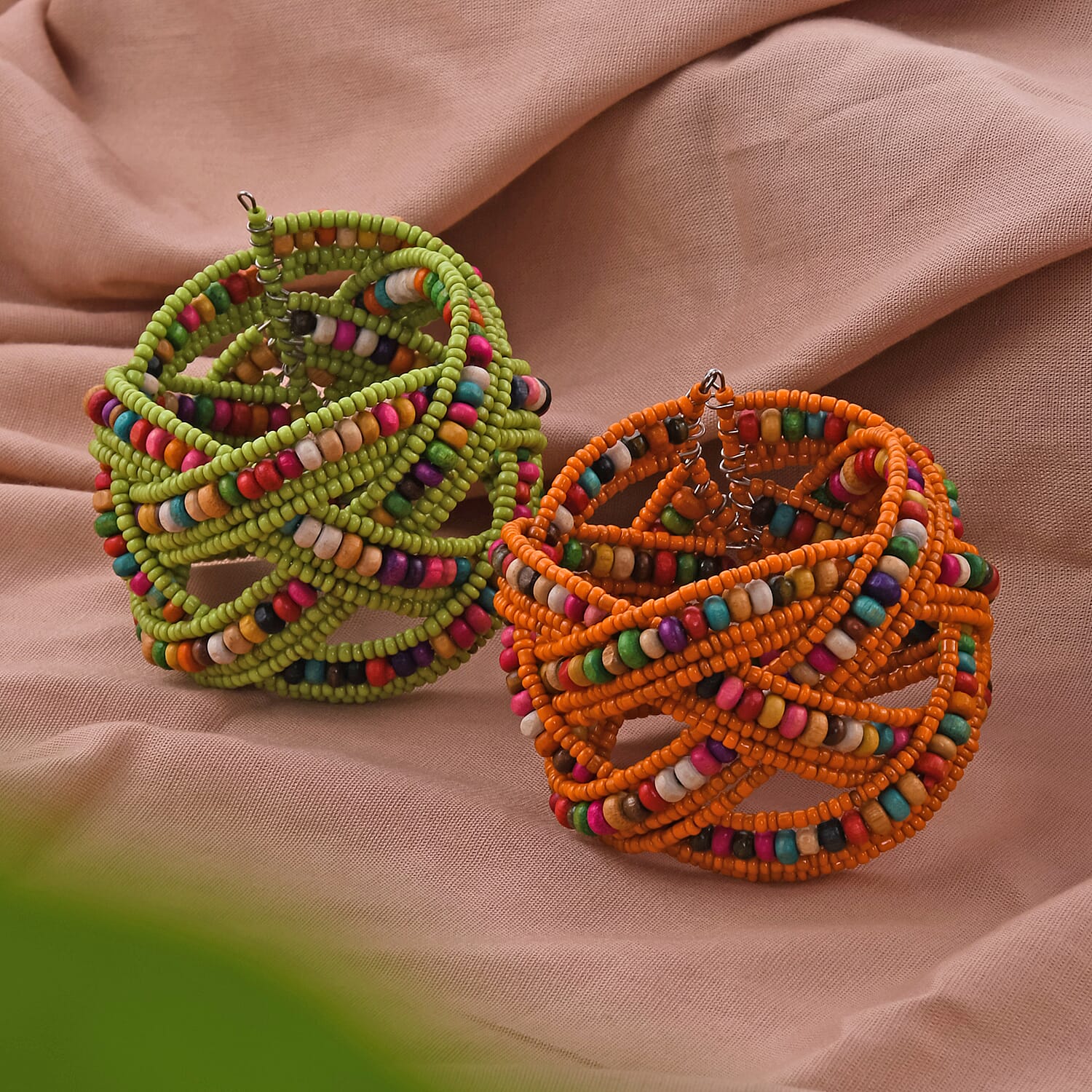 Multi Color Glass Bead & Wooden Beaded Set of 2 Cuff Bracelets