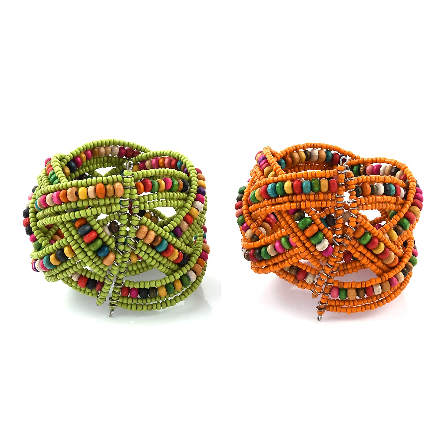 Multi Color Glass Bead & Wooden Beaded Set of 2 Cuff Bracelets