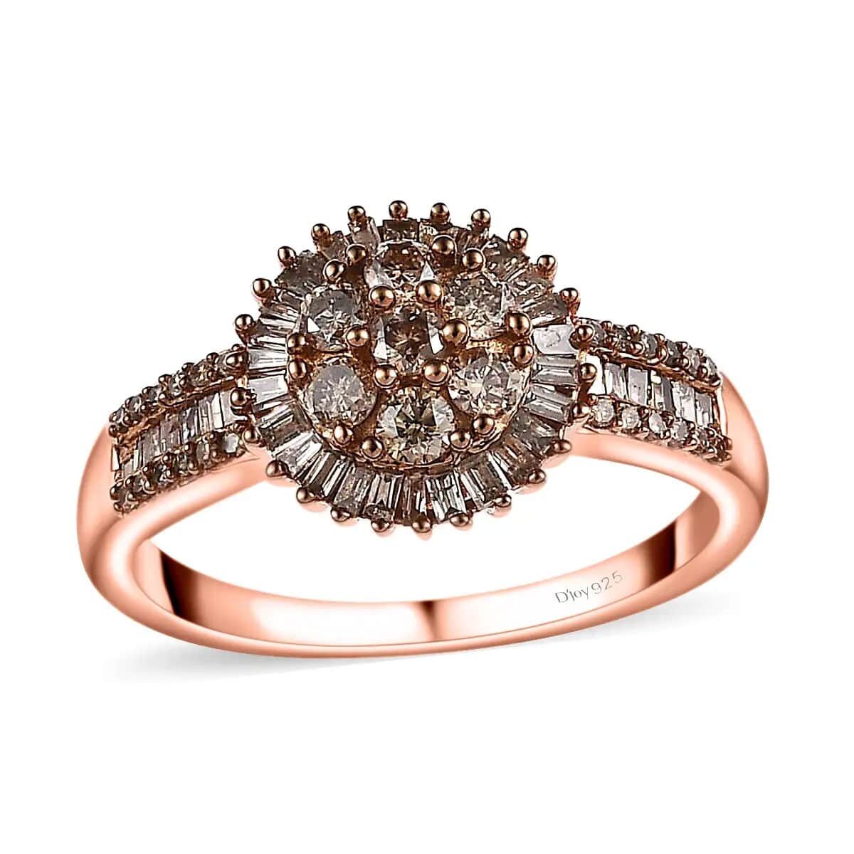 Natural Champagne Diamond Cluster Ring, Vermeil Rose Gold Over Sterling Silver Ring, Diamond Ring For Her 1.00 ctw image number 0
