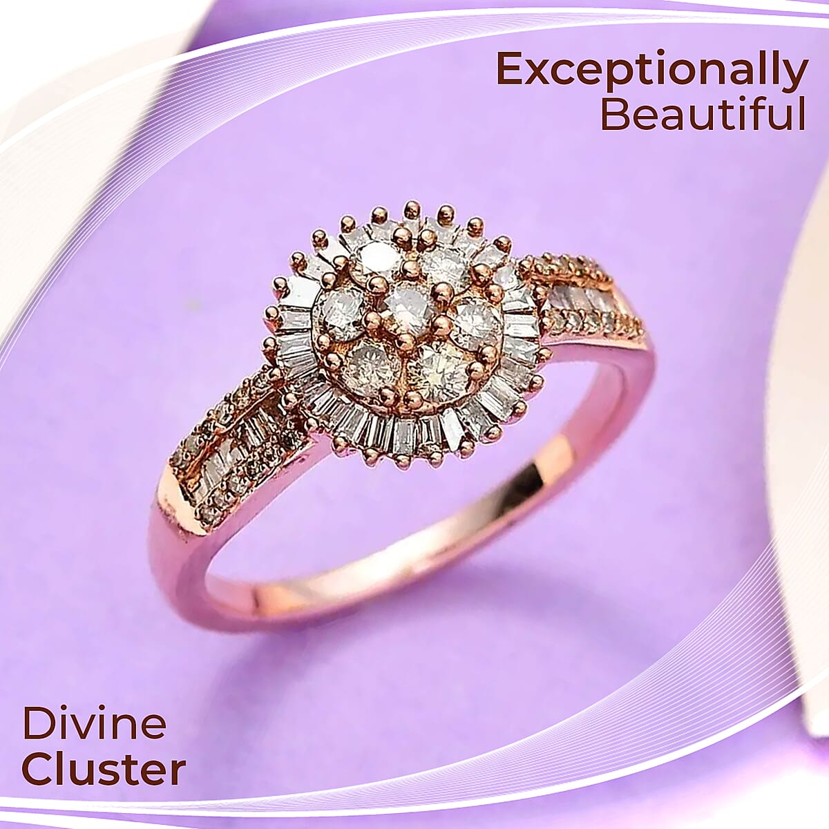 Natural Champagne Diamond Cluster Ring, Vermeil Rose Gold Over Sterling Silver Ring, Diamond Ring For Her 1.00 ctw (Size 7.00) image number 1