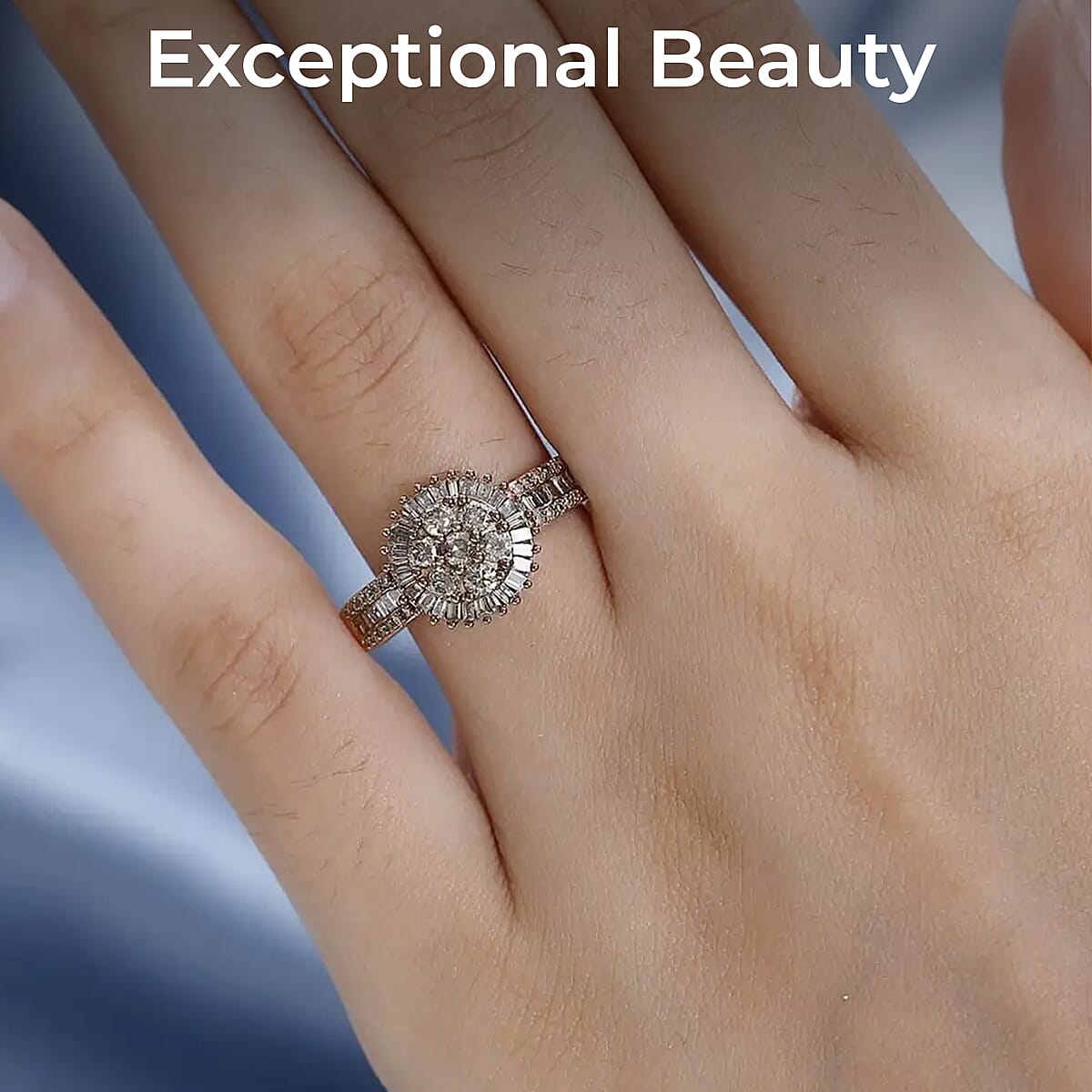 Natural Champagne Diamond Cluster Ring, Vermeil Rose Gold Over Sterling Silver Ring, Diamond Ring For Her 1.00 ctw (Size 7.00) image number 2