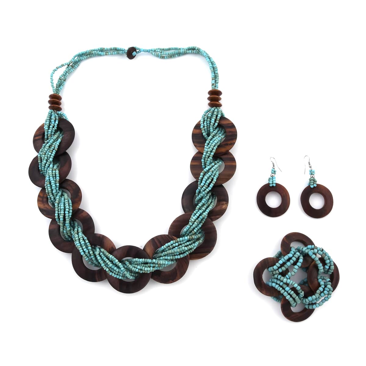 Blue Seed Bead & Wooden Beaded Necklace, Stretch Bracelet and Earrings image number 0