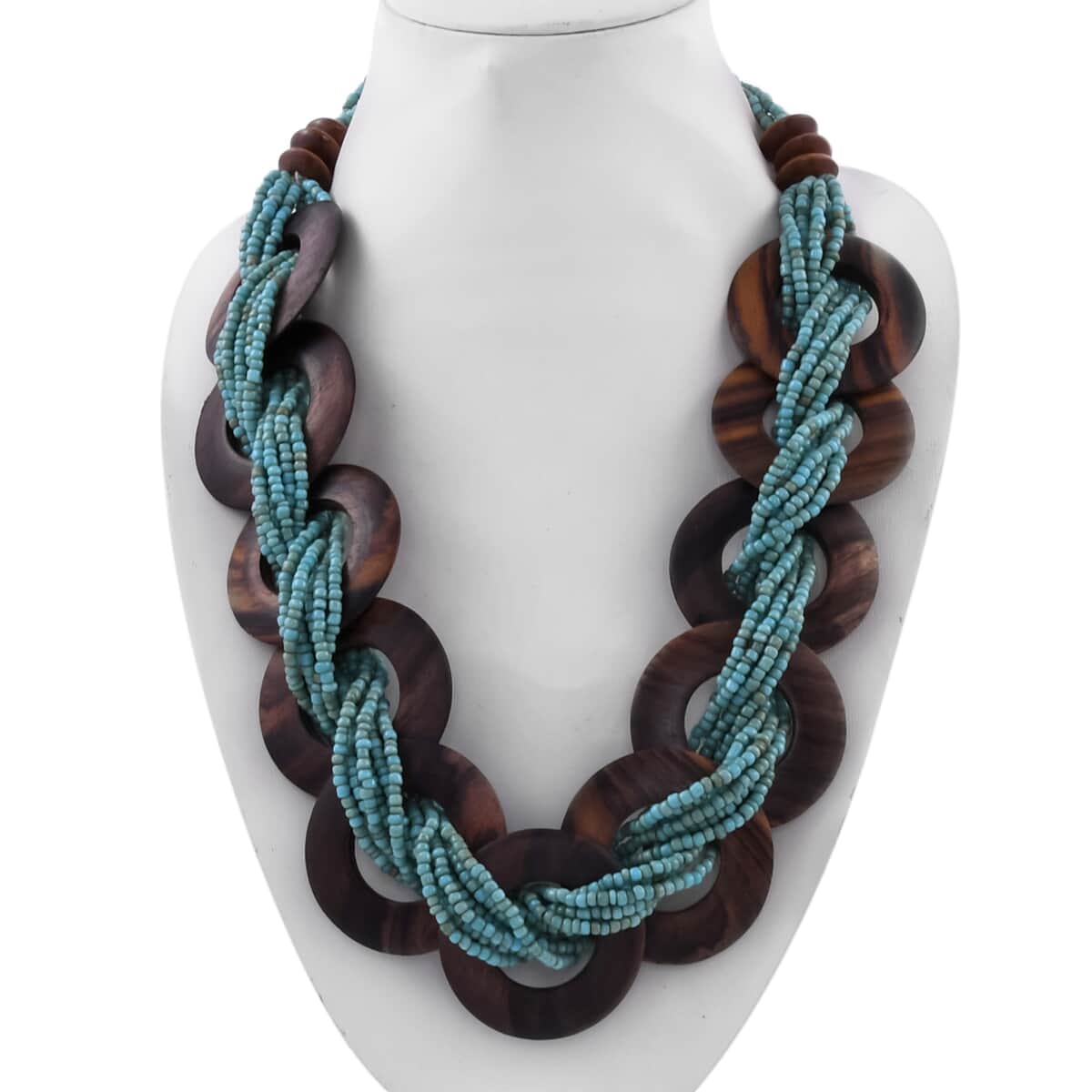 Blue Seed Bead & Wooden Beaded Necklace, Stretch Bracelet and Earrings image number 2