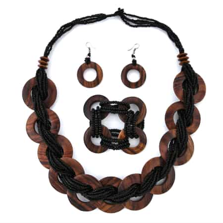 Black Seed Bead & Wooden Beaded Necklace 30 inches, Stretch Bracelet and Earrings image number 0