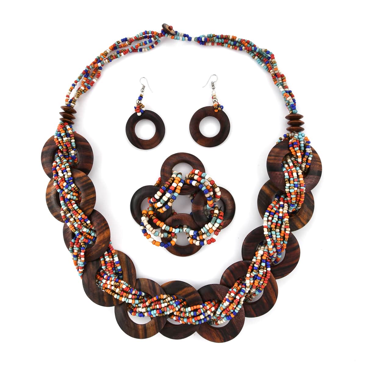 Multi color Seed Bead & Wooden Beaded Necklace, Stretch Bracelet and Earrings image number 0