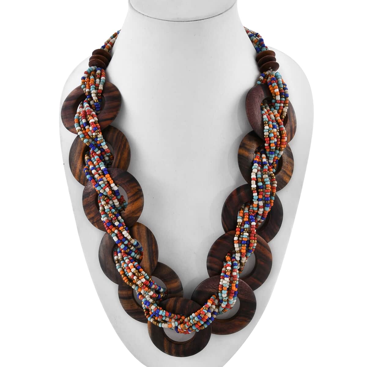 Multi color Seed Bead & Wooden Beaded Necklace, Stretch Bracelet and Earrings image number 1
