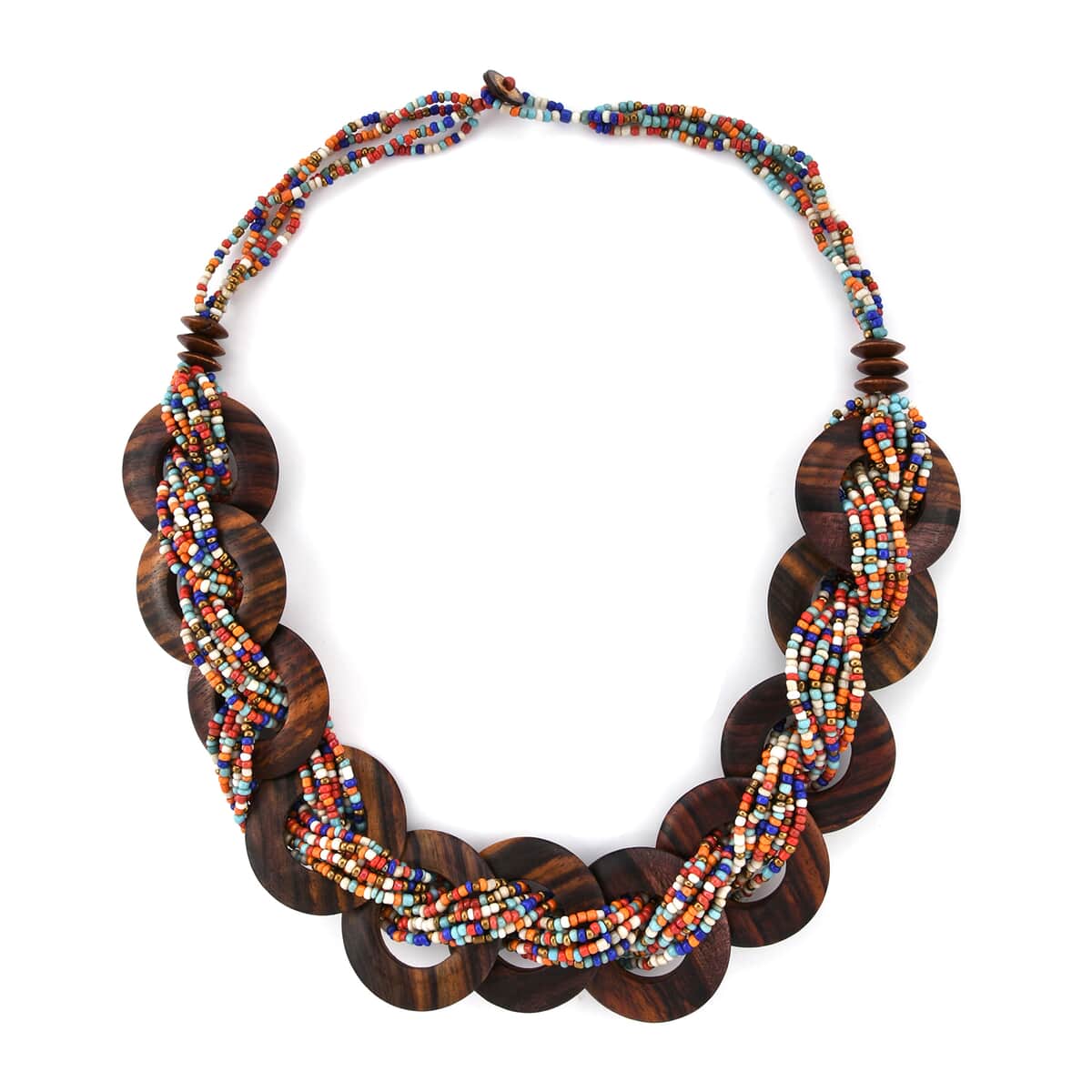 Multi color Seed Bead & Wooden Beaded Necklace, Stretch Bracelet and Earrings image number 2