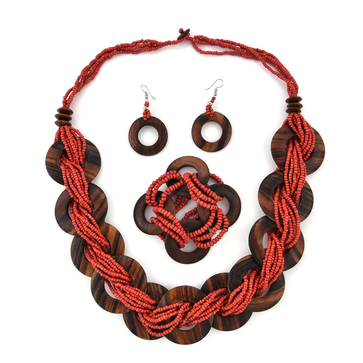 Red Seed Bead & Wooden Beaded Necklace 29 inches, Stretch Bracelet and Earrings image number 0