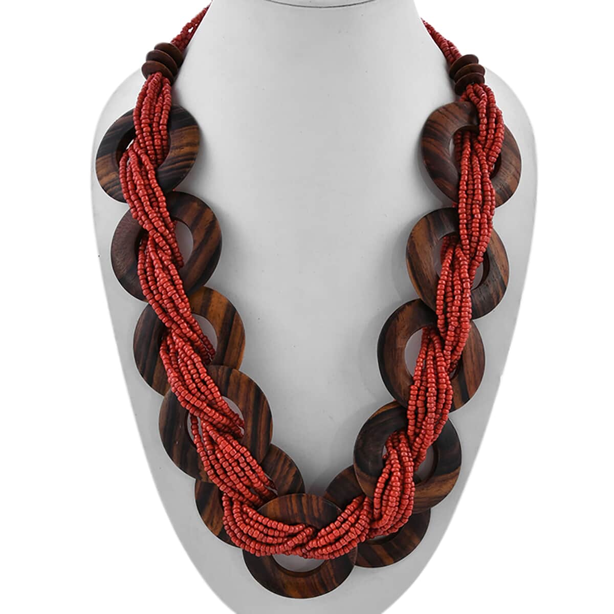 Red Seed Bead & Wooden Beaded Necklace 29 inches, Stretch Bracelet and Earrings image number 1