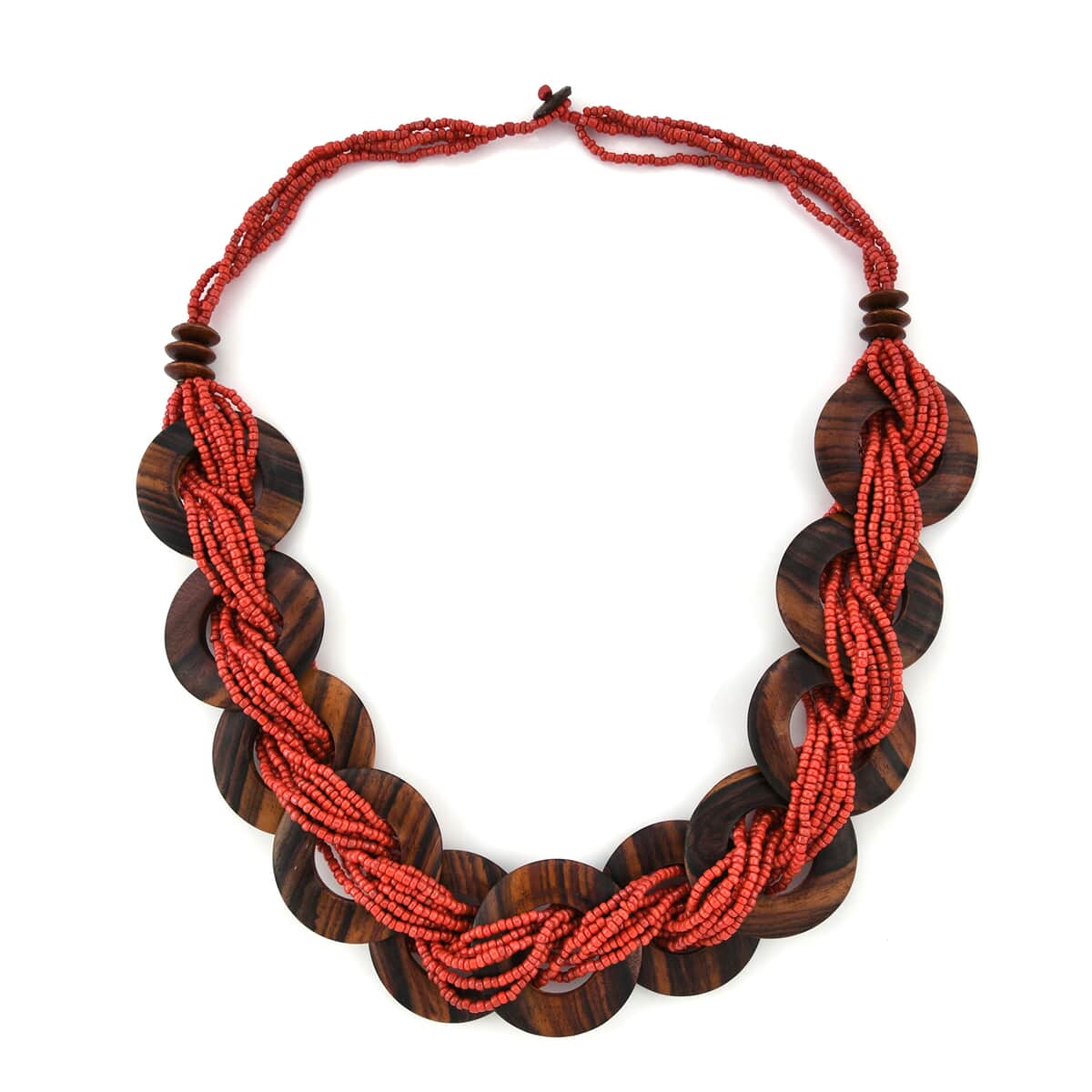 Red Seed Bead & Wooden Beaded Necklace 29 inches, Stretch Bracelet and Earrings image number 2