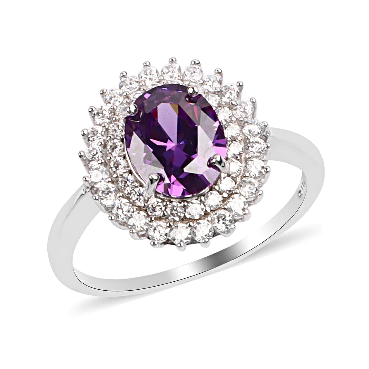 Simulated Purple Diamond and Simulated Diamond Double Halo Ring in Platinum Over Sterling Silver (Size 11.0) 3.80 ctw image number 0