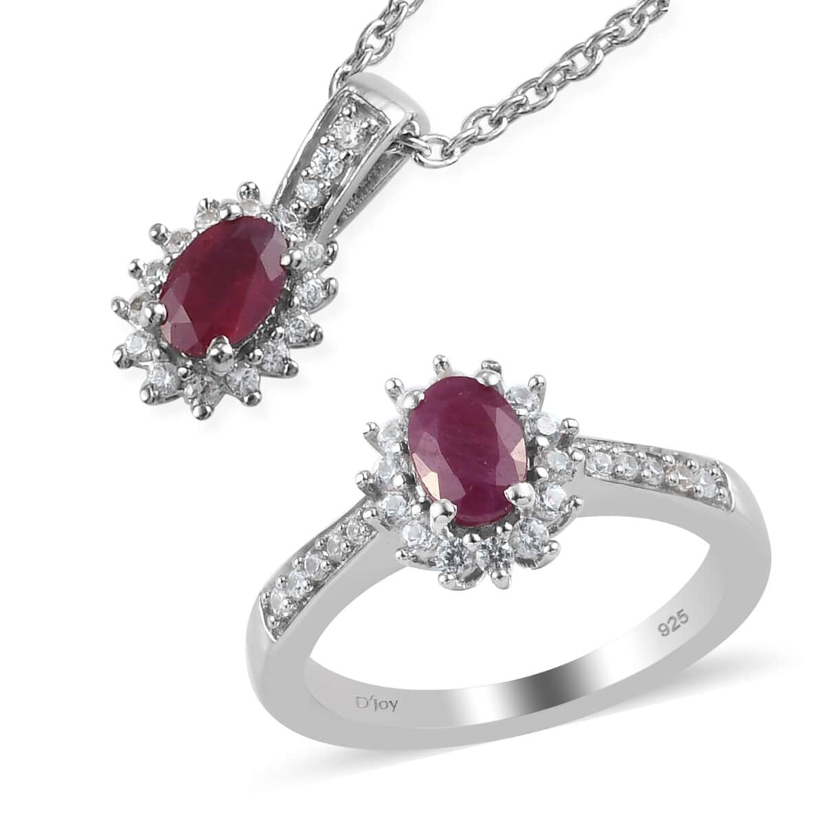 Ruby and Zircon Floral Ring Size 6 and Pendant Necklace 20 Inches in Platinum Over Sterling Silver 7.40 Grams 1.70 ctw image number 0