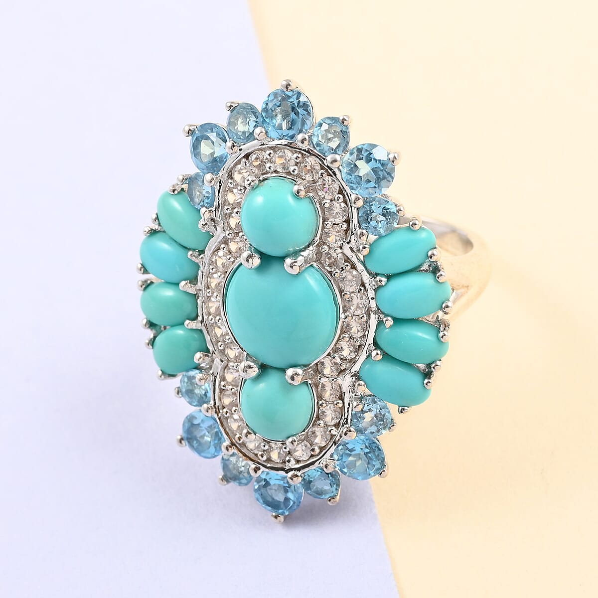 Mexican Turquoise and Multi Gemstone Ring in Platinum Over Sterling Silver (Size 7.0) 9.85 ctw image number 1