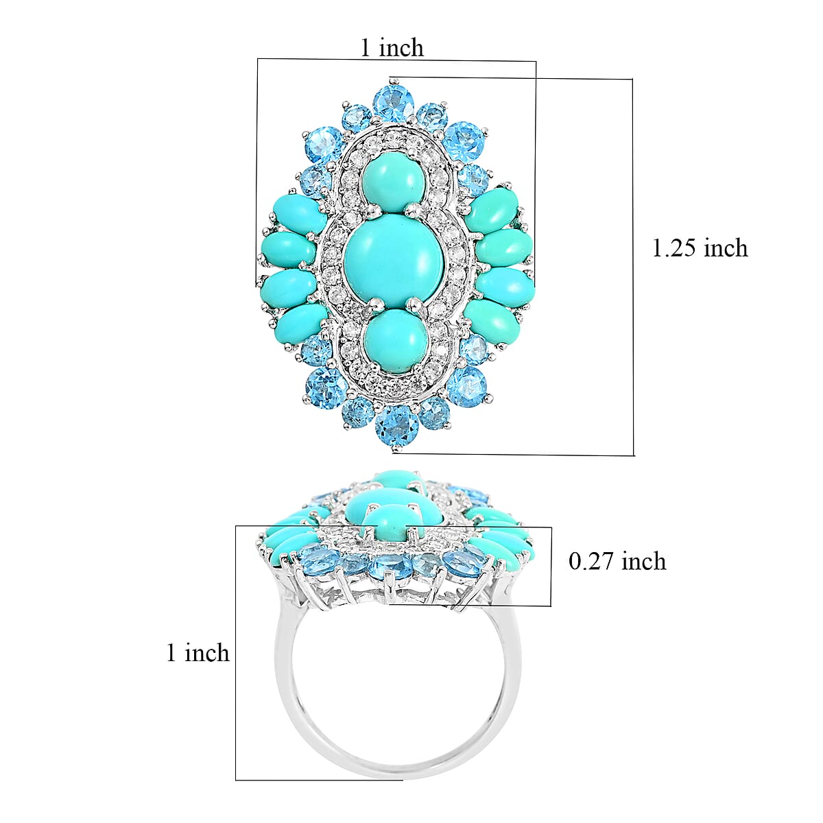 Mexican Turquoise and Multi Gemstone Ring in Platinum Over Sterling Silver (Size 7.0) 9.85 ctw image number 4