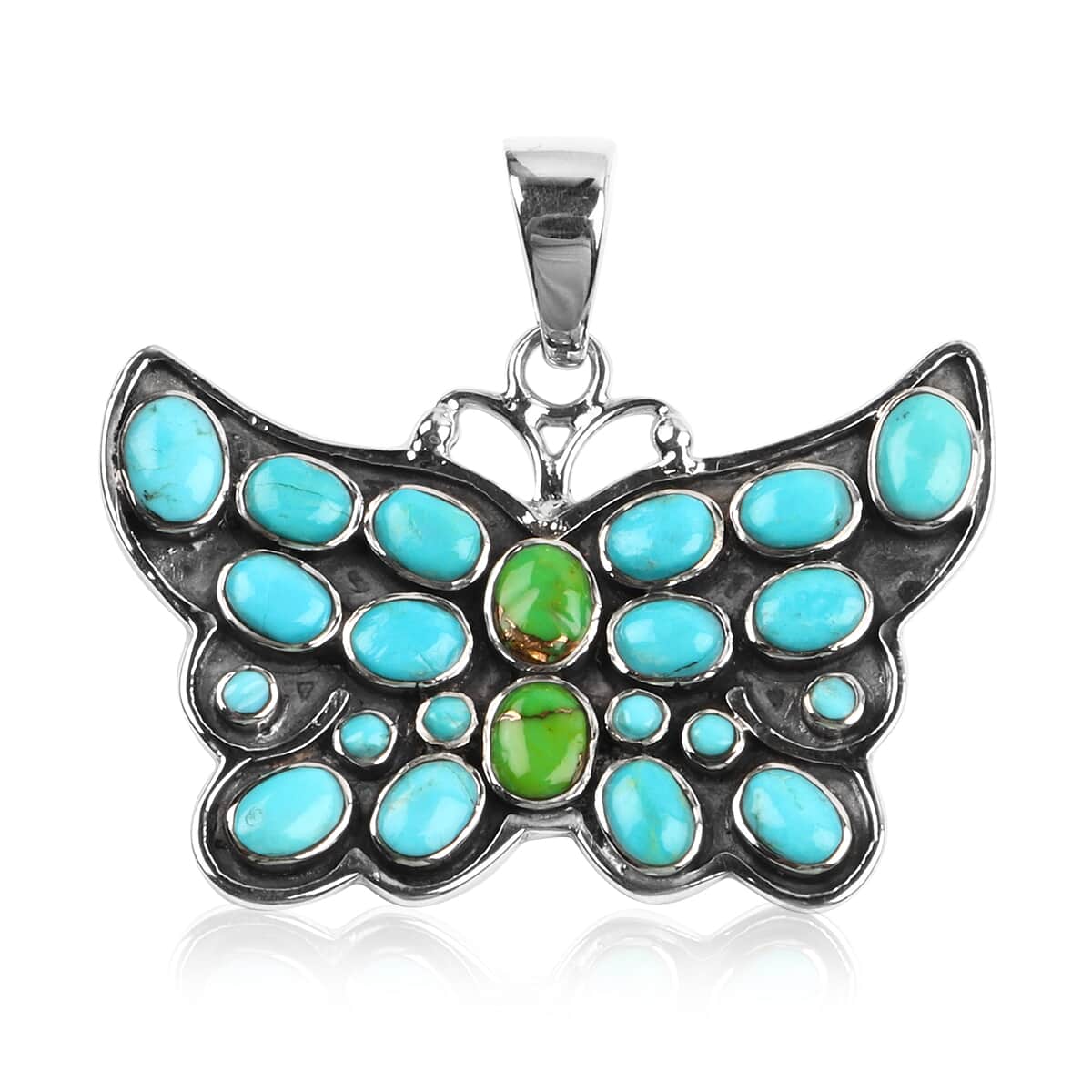 Santa Fe Style Mojave Green and Blue Turquoise Butterfly Pendant in Platinum Over Sterling Silver 8.75 ctw  image number 0
