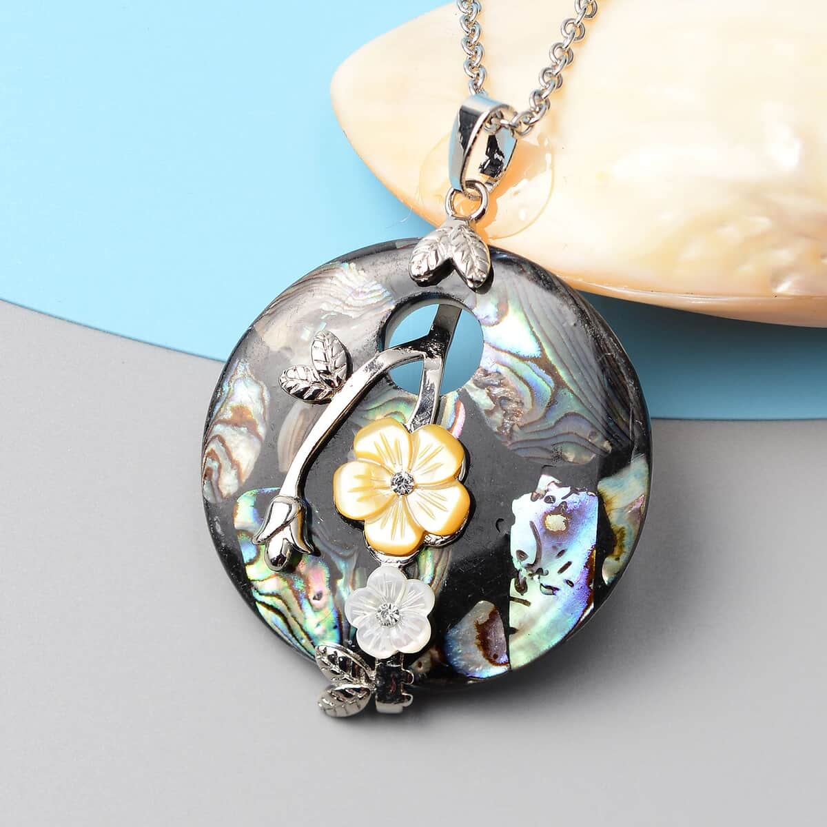 Abalone Shell, Yellow & White Mother of Pearl Carved, Crystal Floral Pendant Necklace 24 Inches in Stainless Steel & Copper image number 1