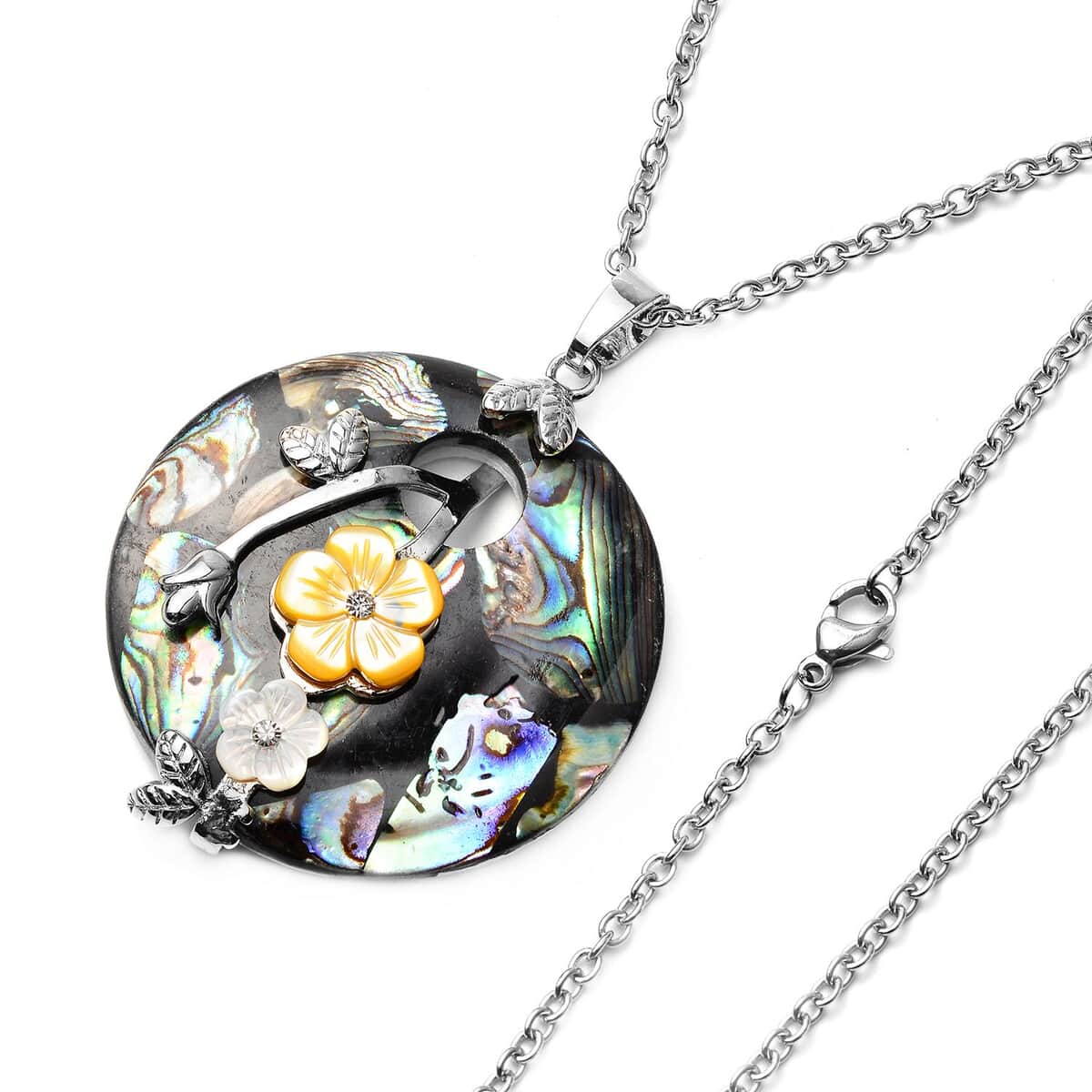 Abalone Shell, Yellow & White Mother of Pearl Carved, Crystal Floral Pendant Necklace 24 Inches in Stainless Steel & Copper image number 3