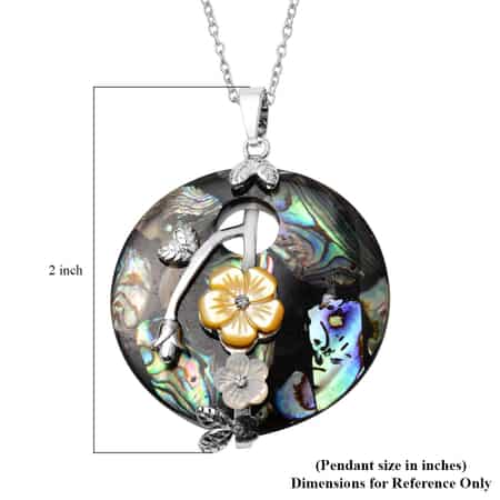 Abalone Shell, Yellow & White Mother of Pearl Carved, Crystal Floral Pendant Necklace 24 Inches in Stainless Steel & Copper image number 4
