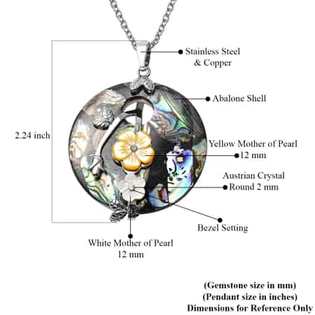 Abalone Shell, Yellow & White Mother of Pearl Carved, Crystal Floral Pendant Necklace 24 Inches in Stainless Steel & Copper image number 5