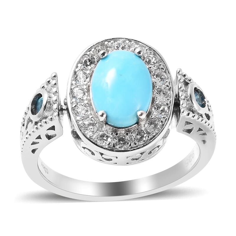 1.50 ctw Natural Arizona Sleeping Beauty Turquoise Ring Size 7 and Chain 18 Inch Rhodium Over Sterling Silver
