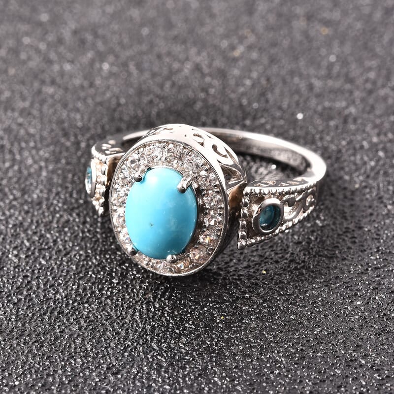 1.50 ctw Natural Arizona Sleeping Beauty Turquoise Ring Size 7 and Chain 18 Inch Rhodium Over Sterling Silver