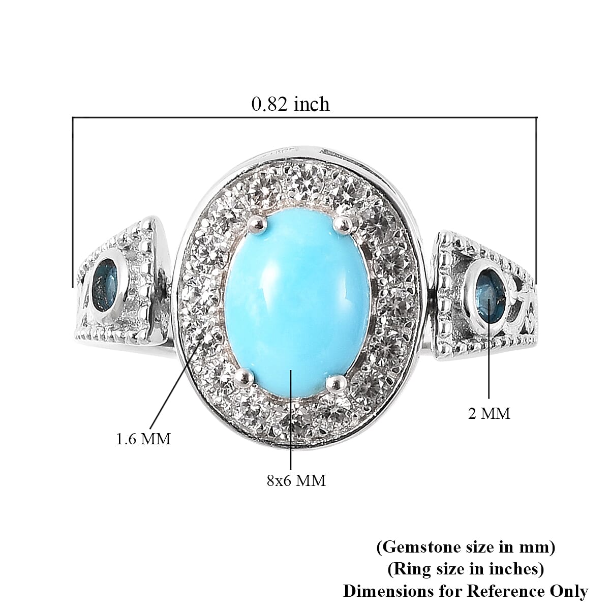 1.50 ctw Natural Arizona Sleeping Beauty Turquoise Ring Size 7 and Chain 18 Inch Rhodium Over Sterling Silver