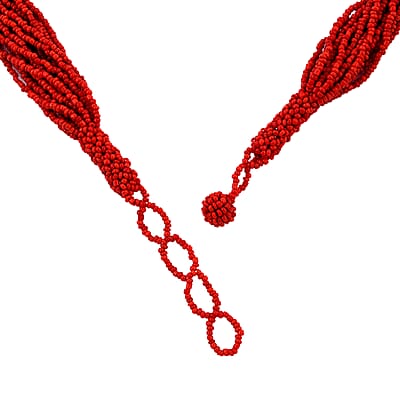 Red Glass Seed Beaded Multi Strand Necklace 18 Inches and Stretch Bracelet