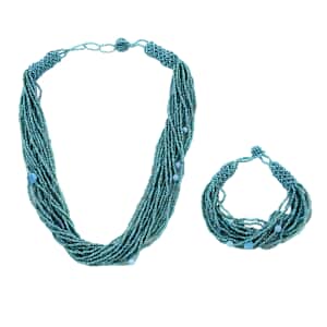 Blue Glass Seed Beaded Multi Strand Necklace and Stretch Bracelet 18 Inches