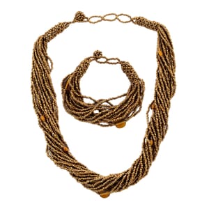 Golden Glass Seed Beaded Multi Strand Necklace and Stretch Bracelet 18 Inches